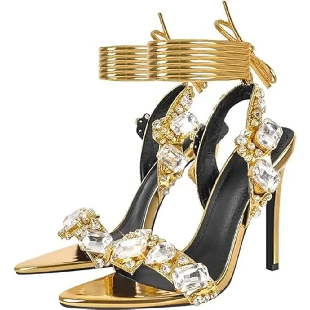 Kluolandi Womens Size 9.5 Gold Shiny Jewel Ankle Strap 5" Heel Shoes Missing Gem - Picture 2 of 7